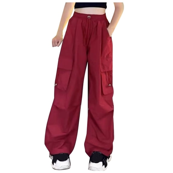 QQAMB Girls' Cargo Pants Elastic Waisted Solid Color Baggy Straight Leg Sports Loose Pants with Multi Pockets,14 Years