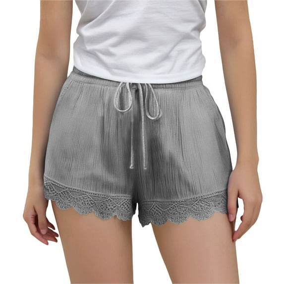 QQAMB Girls' Cotton Linen Shorts Elastic Waisted Drawstring Lace Solid Color Summer Loose Comfy Shorts with Pocket,9 Years