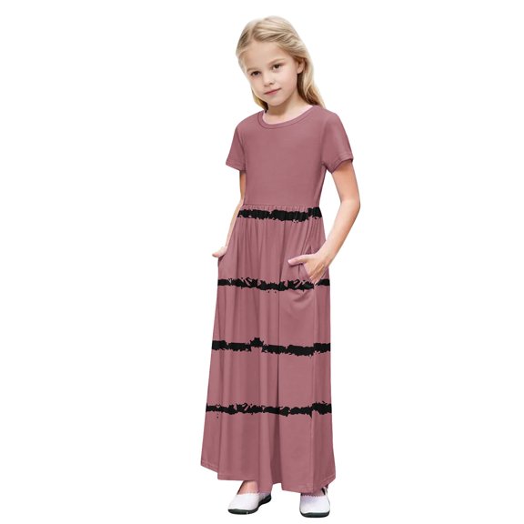 DeHolifer Girls Dresses Summer Lightweight Strip Printed Short Sleeve Stretchy A-Line Long Dress with Pocket,13 Years