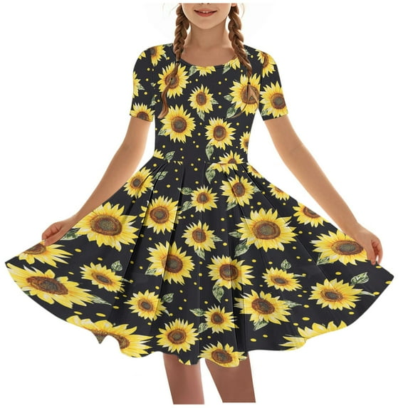 DeHolifer Girls Dresses Summer Novelty Printed Crewneck Short Sleeve Swing Pretty Ballet Dance Dresses ,11 Years