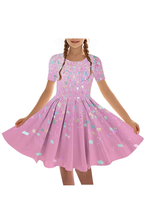 Girls Dresses Summer Novelty Printed Crewneck Short Sleeve Swing Pretty Ballet Dance Dresses ,15 Years