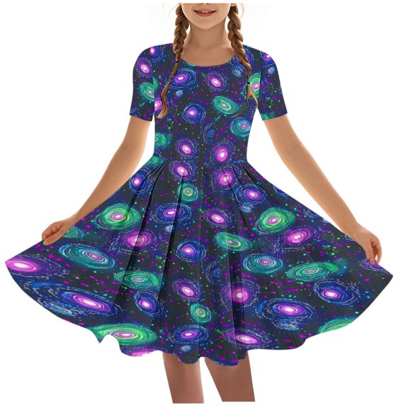 DeHolifer Girls Dresses Summer Novelty Printed Crewneck Short Sleeve Swing Pretty Ballet Dance Dresses ,5 Years