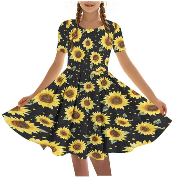 DeHolifer Girls Dresses Summer Novelty Printed Crewneck Short Sleeve Swing Pretty Ballet Dance Dresses ,5 Years