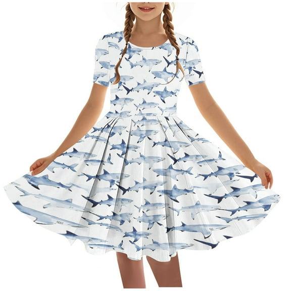 DeHolifer Girls Dresses Summer Novelty Printed Crewneck Short Sleeve Swing Pretty Ballet Dance Dresses ,5 Years