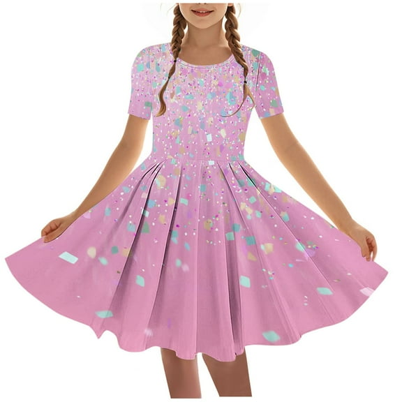 DeHolifer Girls Dresses Summer Novelty Printed Crewneck Short Sleeve Swing Pretty Ballet Dance Dresses ,9 Years