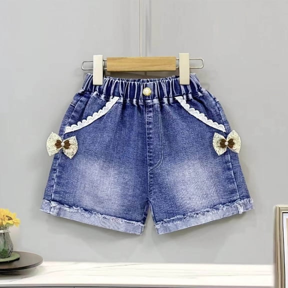 DeHolifer Girls' Jeans Shorts Elastic Waisted Button Lace Cute Summer Comfy Casual Outerwear Pants,2-7 Years
