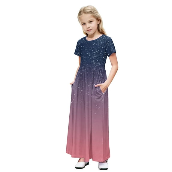 DeHolifer Girls Maxi Dress Gradient Color Crewneck Short Sleeve Lightweight Casual Holiday Dress with Pockets,7 Years