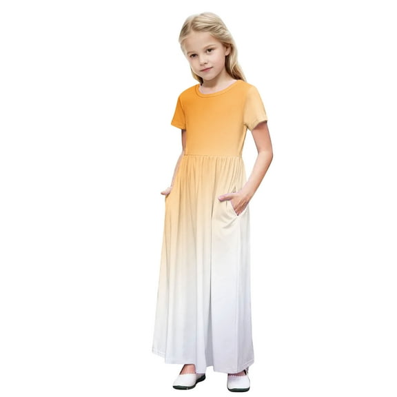 DeHolifer Girls Maxi Dress Gradient Color Crewneck Short Sleeve Lightweight Casual Holiday Dress with Pockets,9 Years