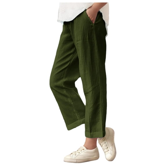 DeHolifer Girls Pants Cotton Linen Elastic Waisted Solid Color Straight Leg Summer Lightweight Loose Comfy Pants,10 Years
