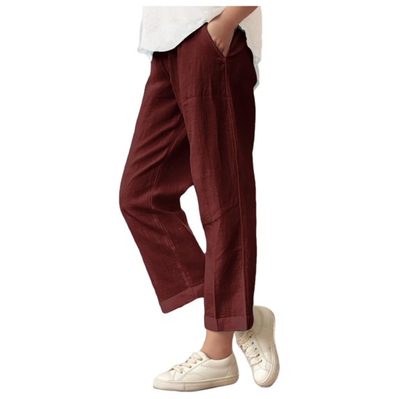 DeHolifer Girls Pants Cotton Linen Elastic Waisted Solid Color Straight Leg Summer Lightweight Loose Comfy Pants,10 Years