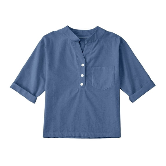 DeHolifer Girls Shirts Cotton Linen V-Neck Button Solid Color Summer Casual Short Sleeve Shirts Tops with Pocket,Blue,7-8Years
