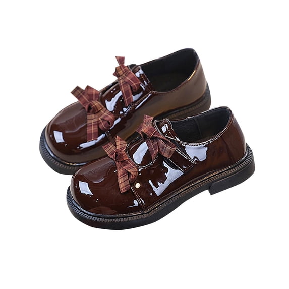 DeHolifer Girls Shoes Leather Bow Loafers Elegant Round Toe Lug Sole Non-Slip Slip-On Shoes