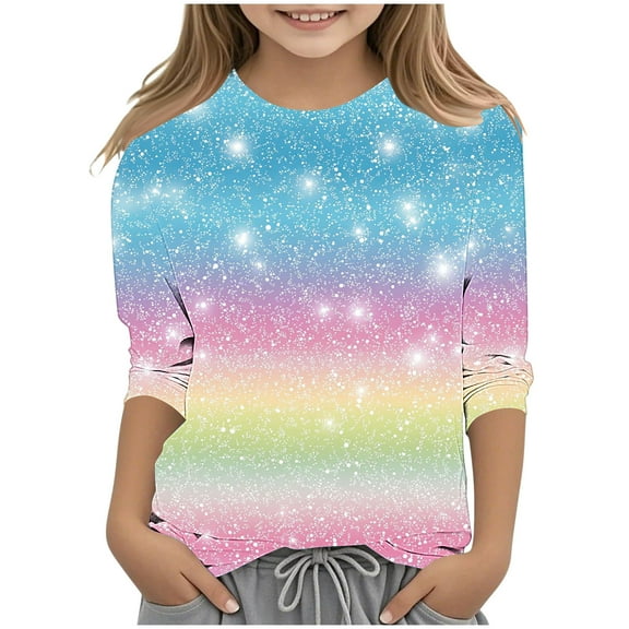 DeHolifer Girls T-Shirts 3/4 Sleeve Sequin Printed Graphic Crewneck Summer Lightweight Casual Tunic Tops,4-5Years