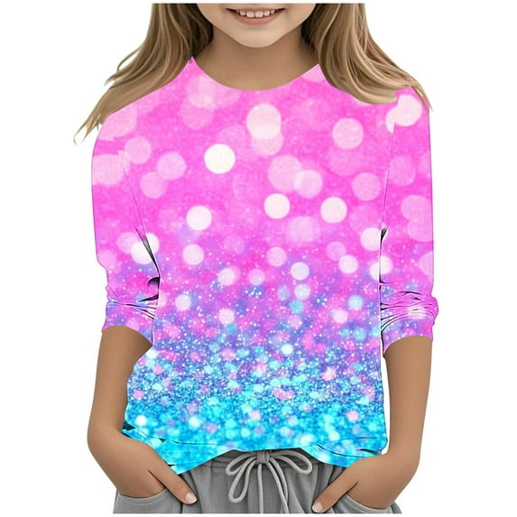 DeHolifer Girls T-Shirts 3/4 Sleeve Sequin Printed Graphic Crewneck Summer Lightweight Casual Tunic Tops,7-8Years