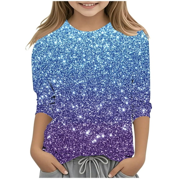 DeHolifer Girls T-Shirts 3/4 Sleeve Sequin Printed Graphic Crewneck Summer Lightweight Casual Tunic Tops,7-8Years