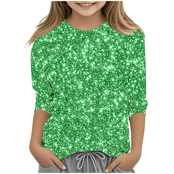 DeHolifer Girls T-Shirts 3/4 Sleeve Sequin Printed Graphic Crewneck Summer Lightweight Casual Tunic Tops,7-8Years