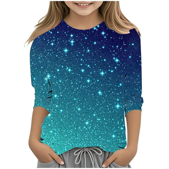 DeHolifer Girls T-Shirts 3/4 Sleeve Sequin Printed Graphic Crewneck Summer Lightweight Casual Tunic Tops,7-8Years