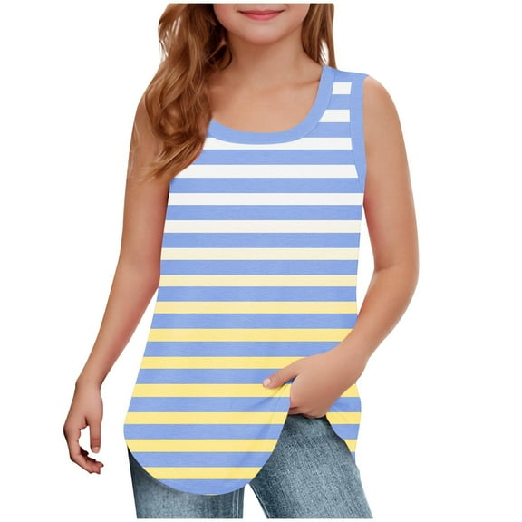 DeHolifer Girls Tank Tops Strip Printed Square Neck Soft Breathable Sleeveless Summer Blouse Casual Loose Tank Tops,Light Blue,13-14Years