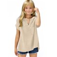 thumbnail image 1 of DeHolifer Girls Tops Cotton Linen V-Neck Button Solid Color Summer Loose Lightweight Blouse Casual Short Sleeve Shirts,14 Years, 1 of 5