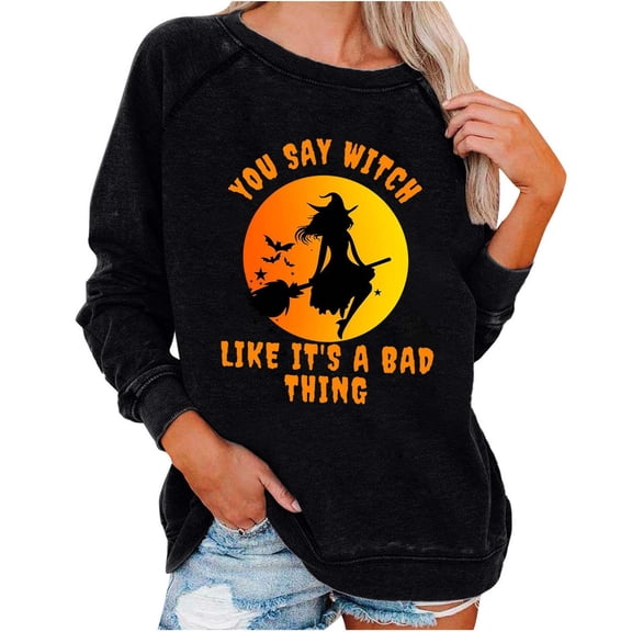 QQAMB Halloween Sweatshirt for Women 2023 Witch Printed Plus Size Pullover Loose Fit Holiday Long Sleeve Crew Neck Tops Black XL