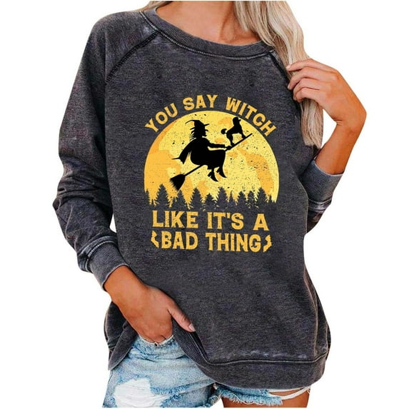 DeHolifer Halloween Sweatshirt for Women 2023 Witch Printed Plus Size Pullover Loose Fit Holiday Long Sleeve Crew Neck Tops Gray XL
