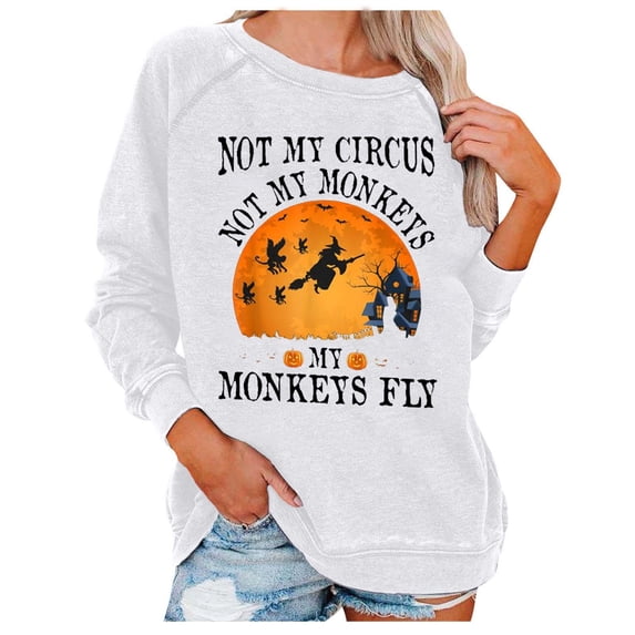DeHolifer Halloween Sweatshirt for Women 2023 Witch Printed Plus Size Pullover Loose Fit Holiday Long Sleeve Crew Neck Tops White M