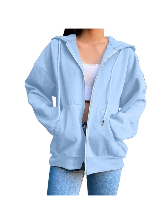 Hoodies for Women Plus Size Zip up Drawstring Solid Long Sleeve Hoodies Sweatshirts Loose Casual Fall Winter Coat Jacket with Pocket Light Blue 3XL