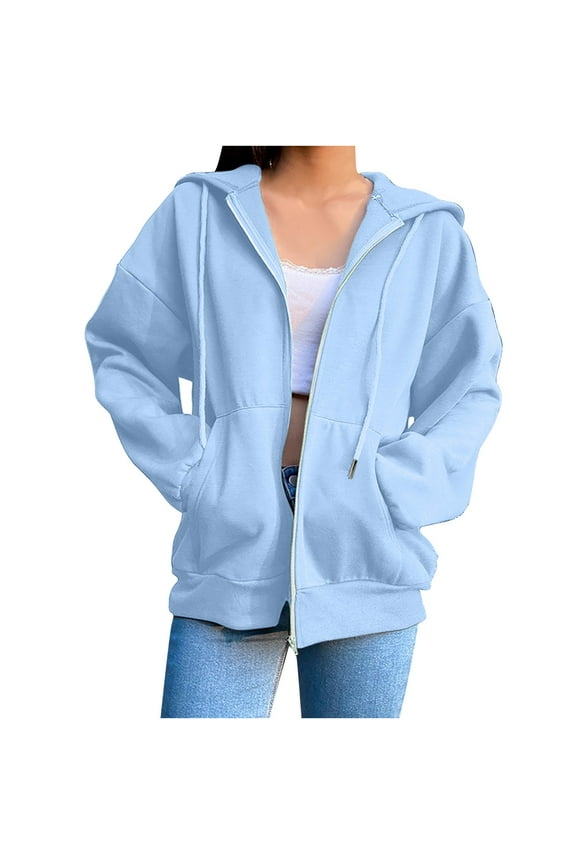 Hoodies for Women Plus Size Zip up Drawstring Solid Long Sleeve Hoodies Sweatshirts Loose Casual Fall Winter Coat Jacket with Pocket Light Blue L