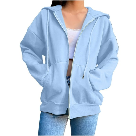 QQAMB Hoodies for Women Plus Size Zip up Drawstring Solid Long Sleeve Hoodies Sweatshirts Loose Casual Fall Winter Coat Jacket with Pocket Light Blue L