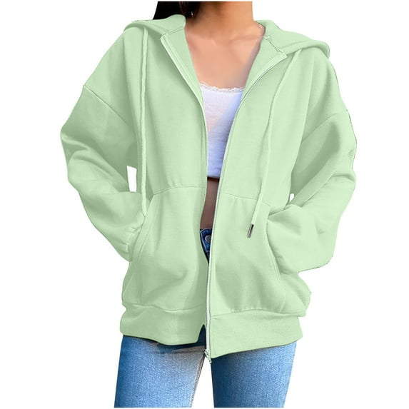 QQAMB Hoodies for Women Plus Size Zip up Drawstring Solid Long Sleeve Hoodies Sweatshirts Loose Casual Fall Winter Coat Jacket with Pocket Mint Green 2XL