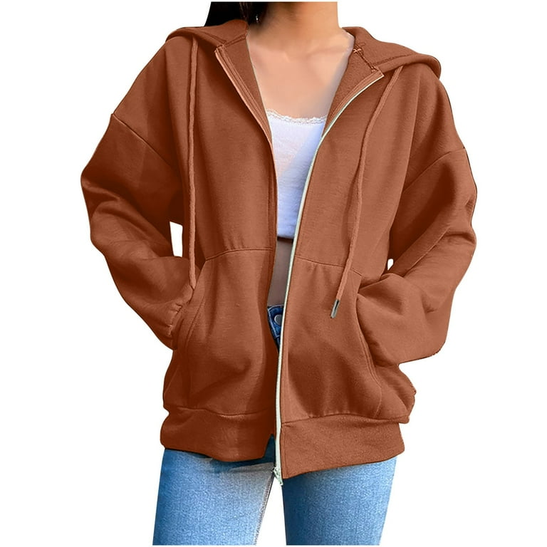 DeHolifer Hoodies for Women Plus Size Zip up Drawstring Solid Long Sleeve Hoodies Sweatshirts Loose Casual Fall Winter Coat Jacket with Pocket Coffee