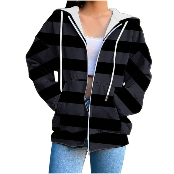 DeHolifer Hoodies for Women Plus Size Zip up Drawstring Strip Long Sleeve Hoodies Sweatshirts Loose Casual Fall Winter Coat Jacket with Pocket Black XL