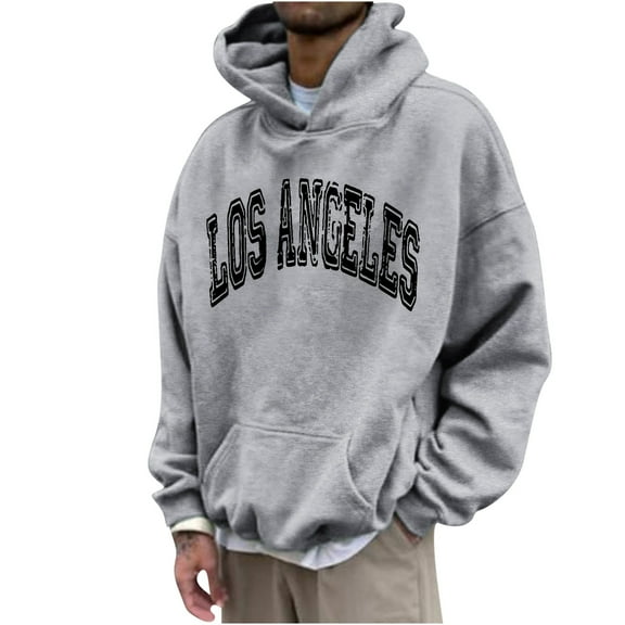 DeHolifer Hoodies for Men Los Angeles Letter Print Pullover Tops Long Sleeve Hoodies Sweatshirt with Pocket Gray L
