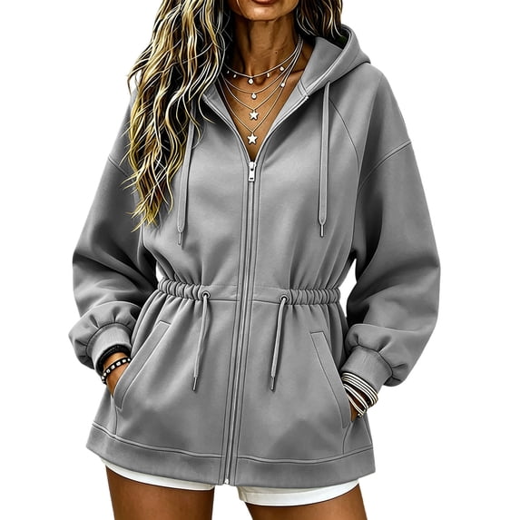 DeHolifer Hoodies for Women Zip Up Oversized Drawstring Sweatshirt Fleece Jackets Fall Winter Coats Gray S