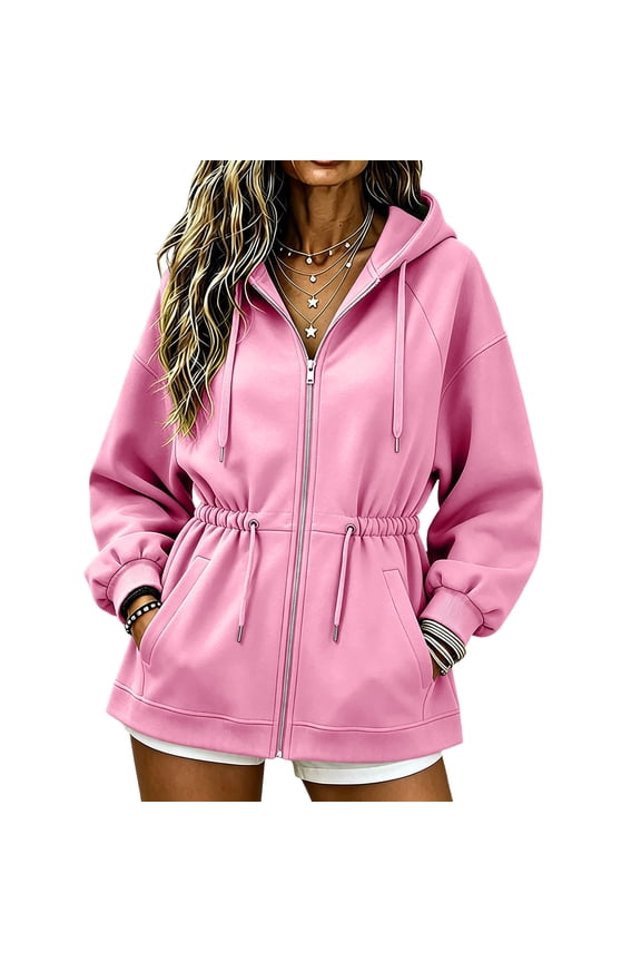 Hoodies for Women Zip Up Oversized Drawstring Sweatshirt Fleece Jackets Fall Winter Coats Pink M