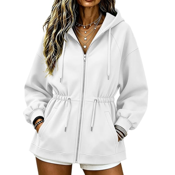 DeHolifer Hoodies for Women Zip Up Oversized Drawstring Sweatshirt Fleece Jackets Fall Winter Coats White XL