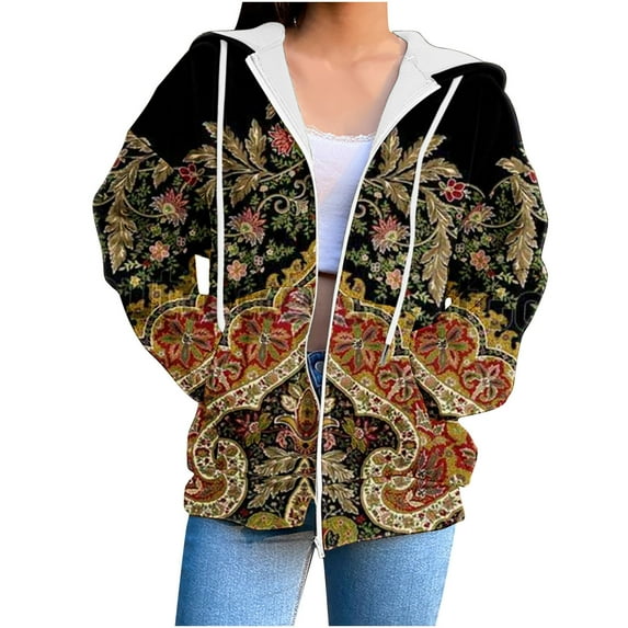 DeHolifer Hoodies for Women Zipper Aztec Print Long Sleeve Loose Casual Drawstring Fall Oversized Sweatshirt
