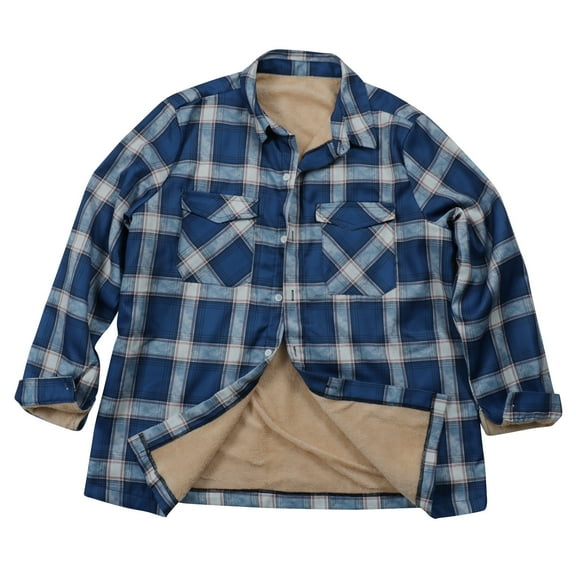 QQAMB Jacket for Men Fleece Lined Casual Button Long Sleeve Pockets Turn Down Collar Outwear Coat Blue L