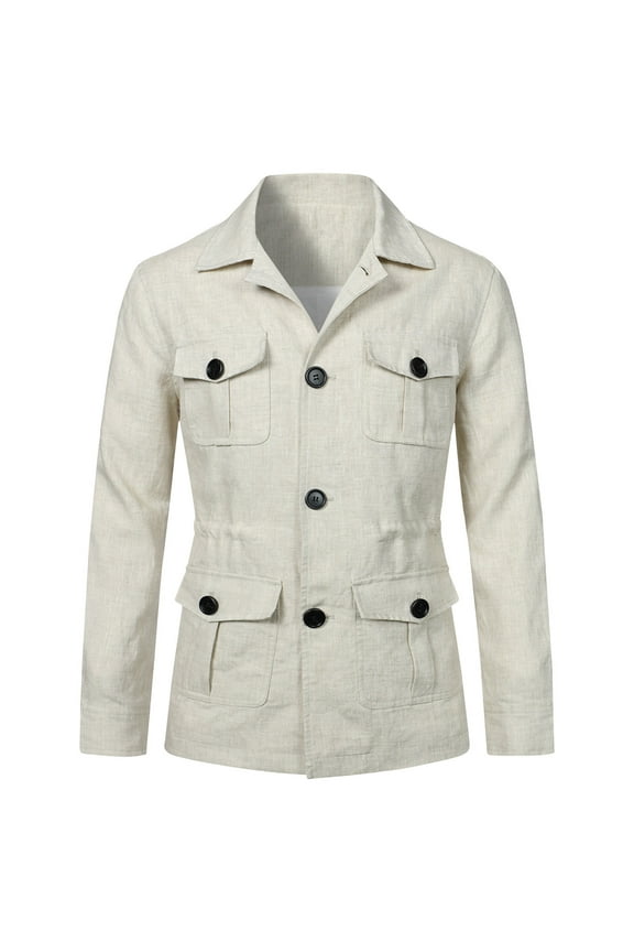 DeHolifer Jacket for Men Plus Size Flax Solid Color Button Long Sleeve Lapel Outwear Jacket White 5XL