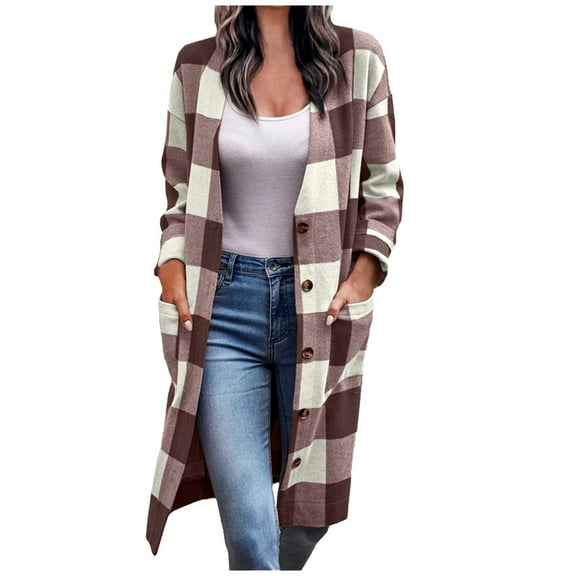 DeHolifer Jacket for Women Plus Size Plaid Shacket Button Down Long Sleeve Long Shirts 2023 Fashion Winter Coats Jacket Brown 3XL