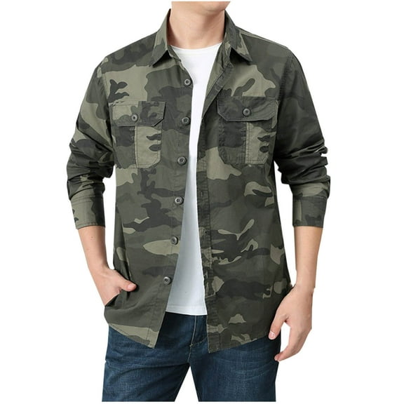 DeHolifer Jackets for Men Turndown Collar Button Pockets Camouflage Long Sleeve Outwear Jackets Cotton Lightweight Coat Army Green 2XL