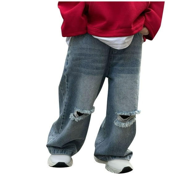 DeHolifer Jeans for Kids Cotton Elastic Waisted Solid Color Wide Leg Baggy Comfy Boys Deinm Pants with Pocket,9 Years