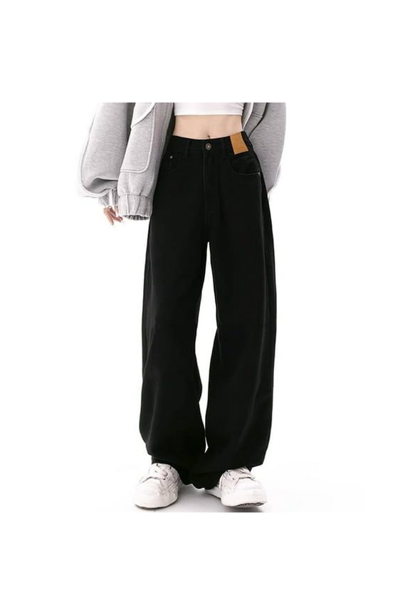 DeHolifer Jeans for Women Straight Leg Boyfriend Button High Waisted Baggy Jeans Loose Casual Deinm Pants Black XL