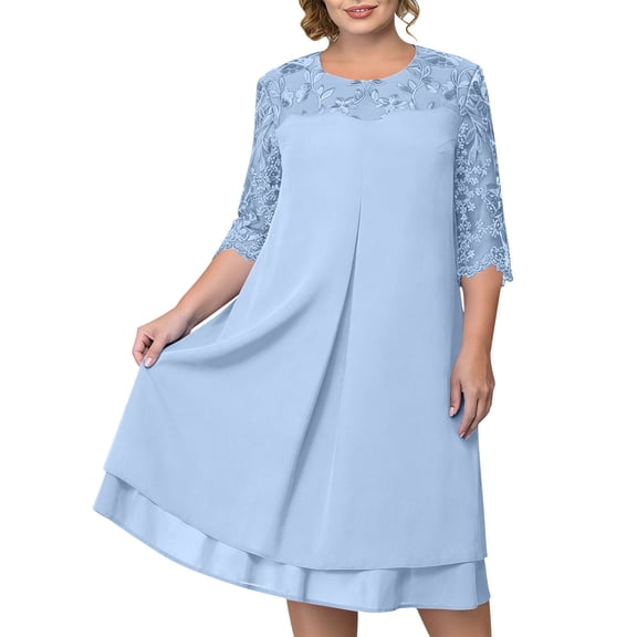 DeHolifer Lace Chiffon Wedding Guest Dresses for Women Summer Trendy Plus Size Mother of The Bride Midi Dress Light Blue XL