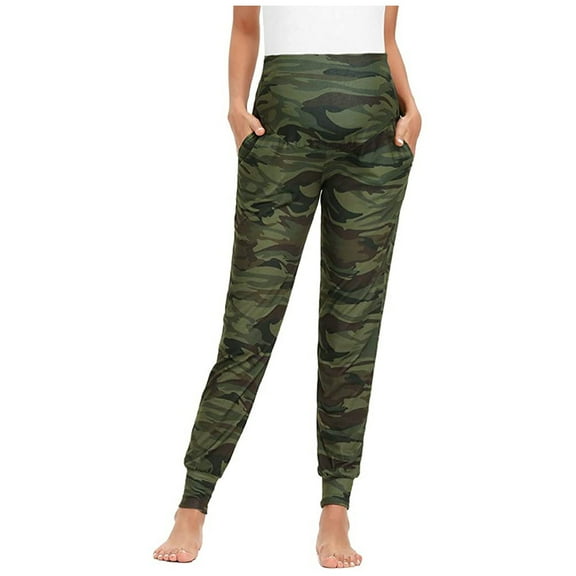 QQAMB Leggings for Women Maternity Camouflage Colour Over The Belly Pregnancy Pants Joggers Casual Lounge Pants Army Green M