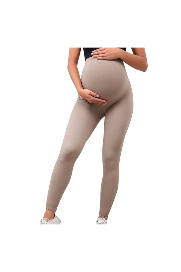 Leggings for Women Maternity Workout Over The Belly Pregnancy Yoga Pants with Pockets Soft Activewear Work Pants Beige S