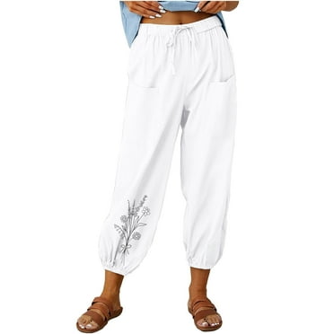 DeHolifer Linen Capris for Women 2024 Lightweight High Waisted Cropped Pants Casual Loose Wide Leg Trousers with Pockets White 2XL