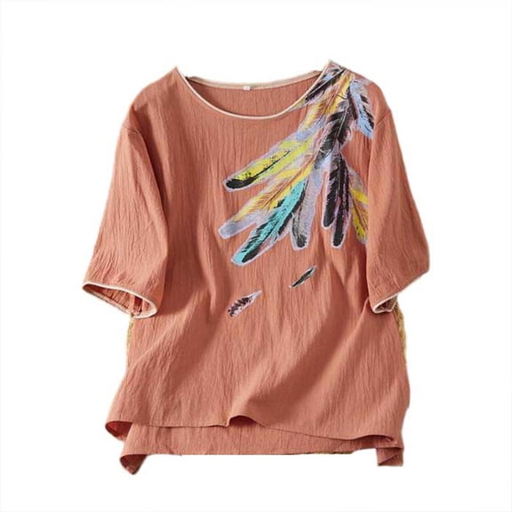 DeHolifer Linen Shirts for Women Crewneck T-Shirt Loose Stretch Summer Outdoor Casual Fashion Soft Tops Orange 3XL