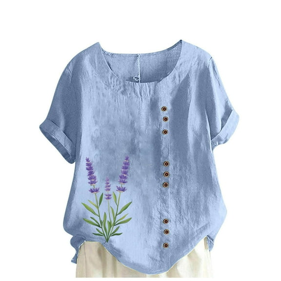 QQAMB Linen T-Shirts for Women Plus Size Floral Printed Crewneck Short Sleeve Summer Casual Tee T-Shirts Light Blue M