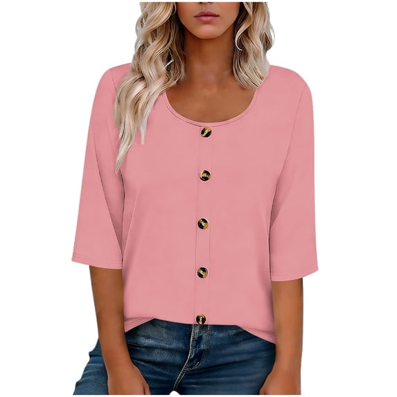DeHolifer Linen Tops for Women 3/4 Length Sleeve Crewneck Button Down Shirts Dressy Casual Summer Tops Pink 3XL